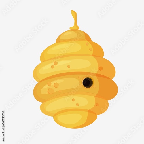 Yellow bee hive in cartoon style. Full of fresh honey. Oval-ribbed with a round central entrance. Bee hive graphics on an isolated white background.