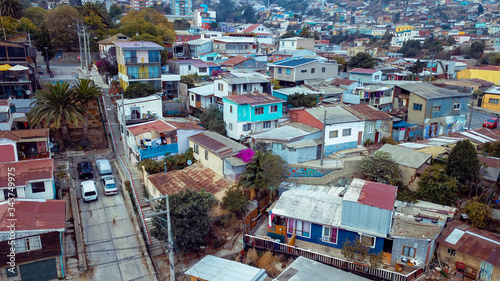 Aerial View to the Colofrul and Bright Buildings and Streets of Valparaiso, Chile © Dave