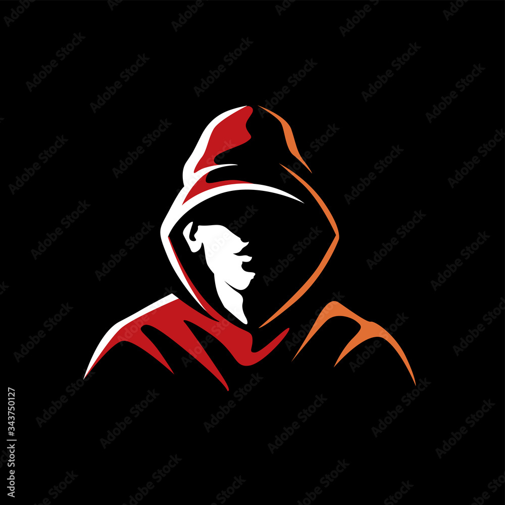 Fototapeta Mysterious man in a hood on a dark background. Made on a urban style in the category of underground street art. Can be used for logo, graffiti, print, avatar. Vector graphics