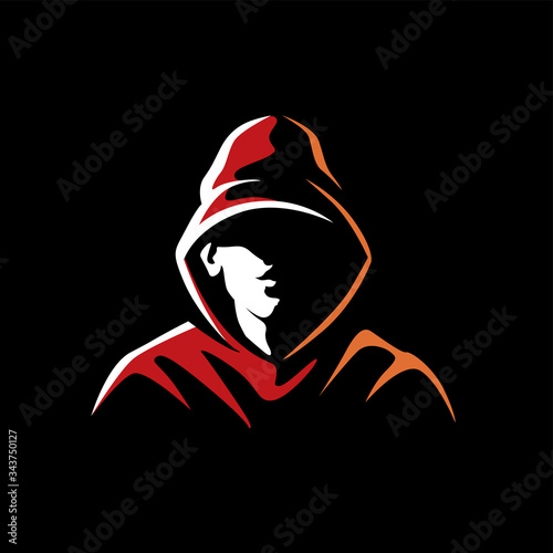 Mysterious man in a hood on a dark background. Made on a urban style in the category of underground street art. Can be used for logo, graffiti, print, avatar. Vector graphics
