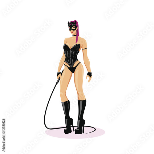 Beautiful, dominant mistress. Girl in latex, sensual underwear with a whip. Sexual illustration of bdsm and eroticism with masochism. Girl in latex, sensual underwear with a whip.