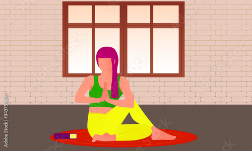 A young woman is sitting on the floor and doing yoga. Maintaining a healthy body through exercise and meditation. Vector illustration.