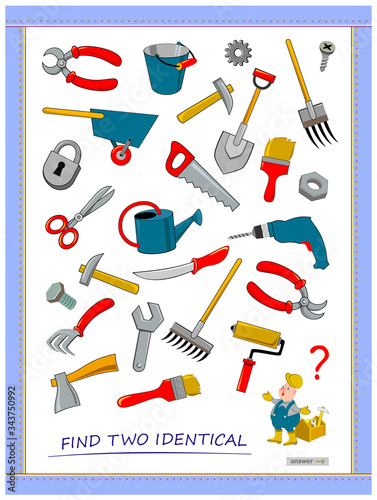 Logic puzzle game for children and adults. Help the worker find two identical tools. Printable page for kids brain teaser book. Developing spatial thinking skills. IQ test. Flat vector illustration.