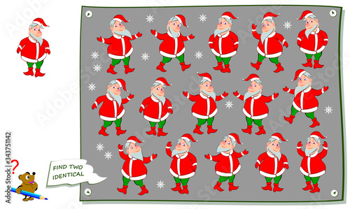 Logic puzzle game for children and adults. Find two identical Santa Claus. Printable page for kids brain teaser book. Developing spatial thinking skills. IQ test. Flat vector illustration.