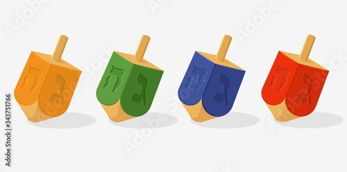 A traditional dreidel for playing during the Jewish holiday of Hanukkah. Brightly illustrated colorful vector style with rich colors: red, blue, green, orange.
