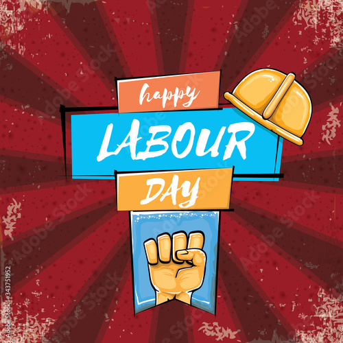 Happy labour day vector label with strong orange hand fist isolated on grunge red background with rays. vector happy labor day background with man hand. red workers may day poster design