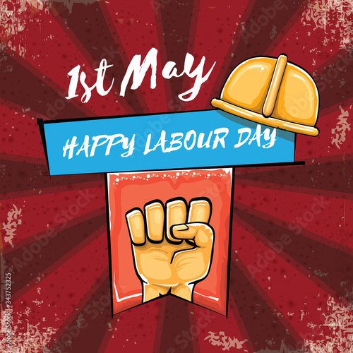 Happy labour day vector label with strong orange hand fist isolated on grunge red background with rays. vector happy labor day background with man hand. red workers may day poster design