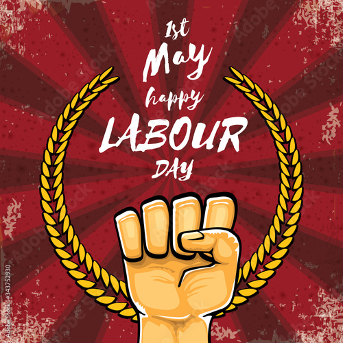 Happy labour day vector label with strong orange hand fist isolated on grunge red background with rays. vector happy labor day background with man hand. red workers may day poster design