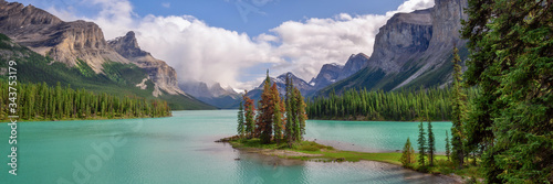 Panorama of Spirit island in Maligne lake, Jasper National Park, Alberta, Rocky Mountains, Canada photo