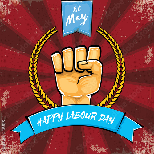 Happy labour day vector label with strong orange hand fist isolated on grunge red background with rays. vector happy labor day background with man hand. red workers may day poster design