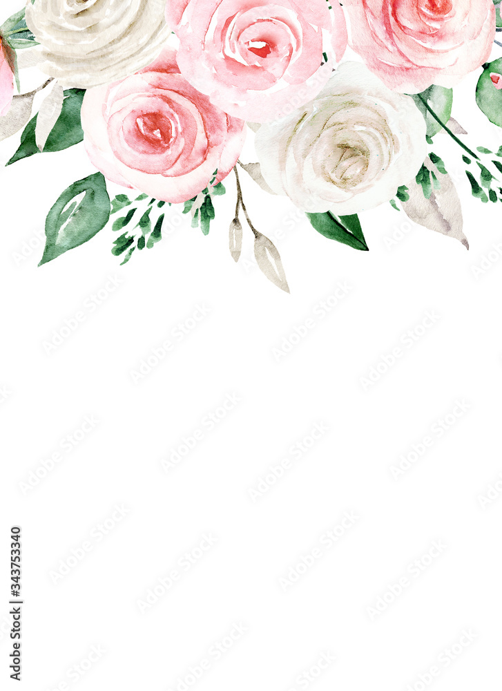 Obraz Frame with watercolor flowers, floral background with place for text. Border for greeting card, wedding invitation and other printing design. Isolated on white. Hand drawing.