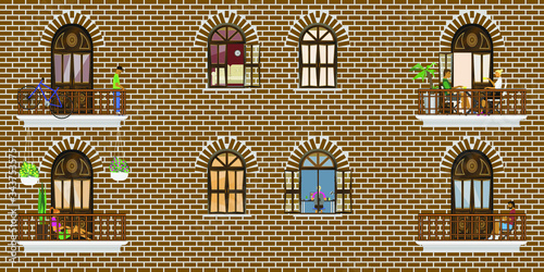 The facade of the house is made of brick with windows and balconies. With the interior in the apartments. With people isolated.