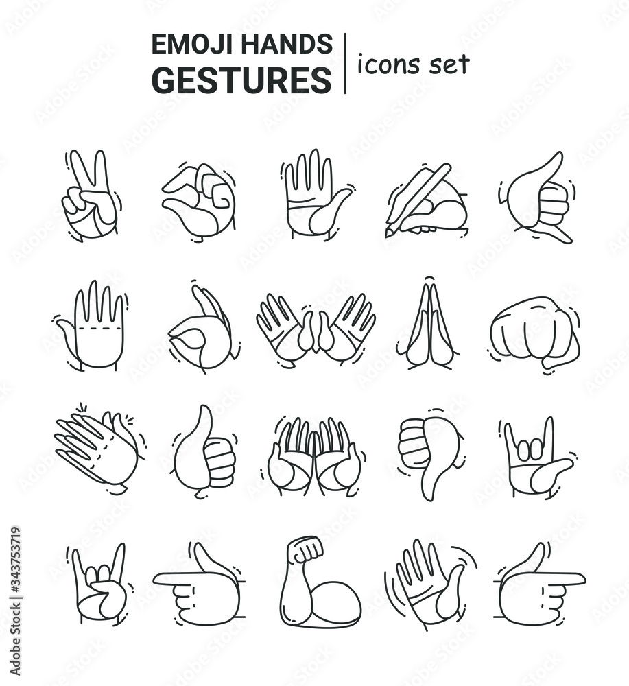 Plakat Emoji hands line icons. Set of different gestures,signs,emotions.Isolated vector illustrations hands signal on white background.