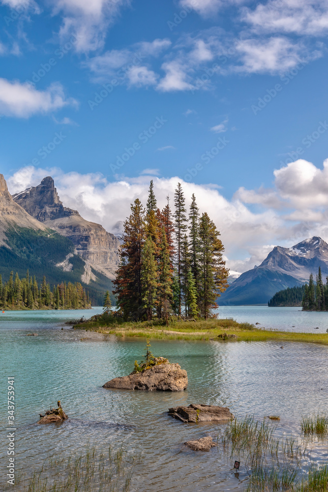 Spirit island in Maligne lake, Jasper National Park, Alberta, Rocky Mountains, Canada