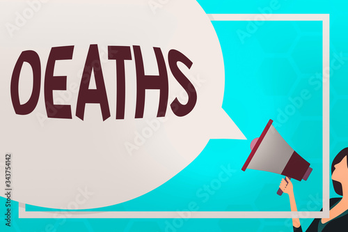 Text sign showing Deaths. Business photo text permanent cessation of all vital signs, instance of dying individual Huge Blank Speech Bubble Round Shape. Slim Woman Holding Colorful Megaphone photo