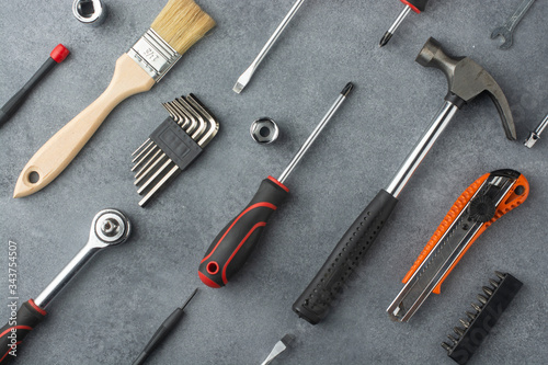 Set of construction tools. Hand tools on a gray background.