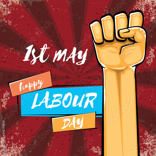 Happy labour day vector label with strong orange hand fist isolated on grunge red background with rays. vector happy labor day background with man hand. red workers may day poster design