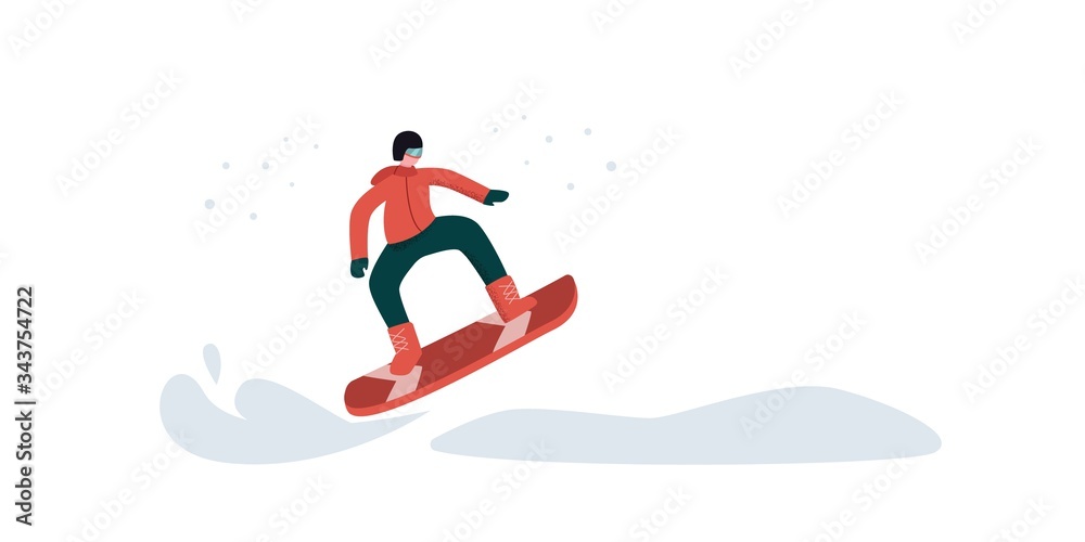 A man is engaged in snowboarding. The concept of a snowboarder rapidly flying on snowy expanses. Illustration of an extreme and active lifestyle, sport.