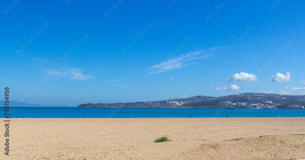 View of the Strait of Gibraltar. Waterfront of Tangier city. Empty municipal beach near avenue Mohamed VI at Tangier, Morocco.