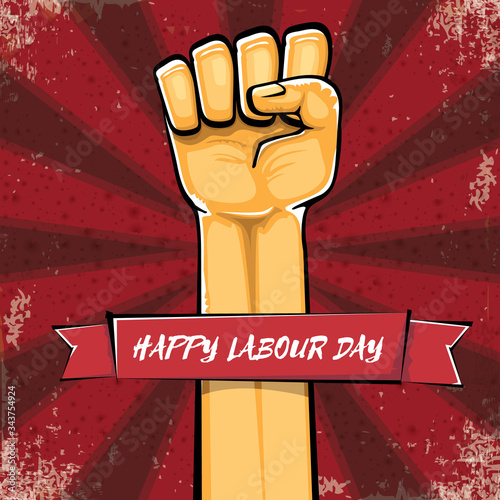 Happy labour day vector label with strong orange hand fist isolated on grunge red background with rays. vector happy labor day background with man hand. red workers may day poster design