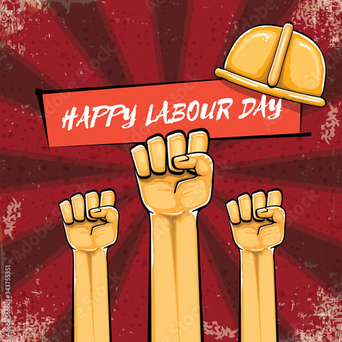 Happy labour day vector label with strong orange hand fist isolated on grunge red background with rays. vector happy labor day background with man hand. red workers may day poster design