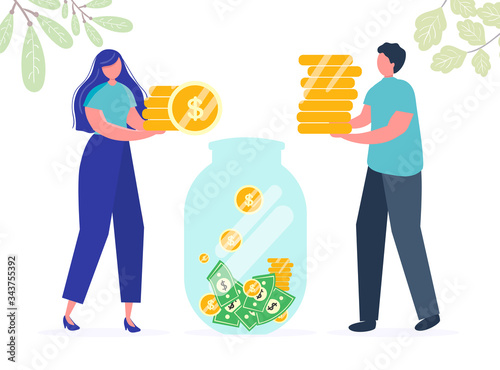 Girl man are holding coins. Savings investing money. Finance, Investment. jar, piggy bank with money, woman take Money. for Jar Making Saving, Deposit Web Page Banner. Cartoon Flat Vector Illustration