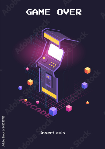 Isometric illustration of Arcade game machine. Retro gaming, Game of 80s-90s. Technology and entertainment concept. Advertisement design.