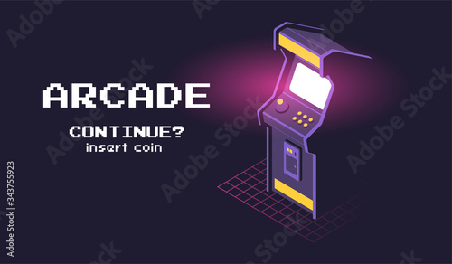 Isometric illustration of Arcade game machine. Retro gaming, Game of 80s-90s. Technology and entertainment concept. Advertisement design.