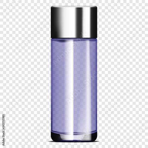 Clear glass bottle with metal cap on transparent background, realistic vector mockup. Cosmetic product packaging, template for design