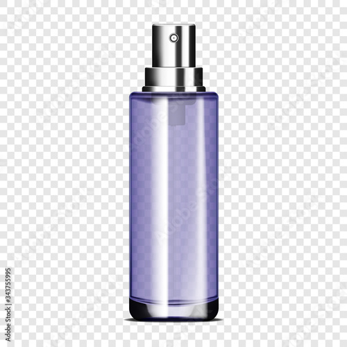 Clear glass spray bottle on transparent background, vector mockup. Cosmetic product packaging, template for design