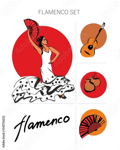 Set of symbols of spanish culture.  Theme of flamenco girl dancer in a pea dress with a guitar, fan and castanets. Vector illustration