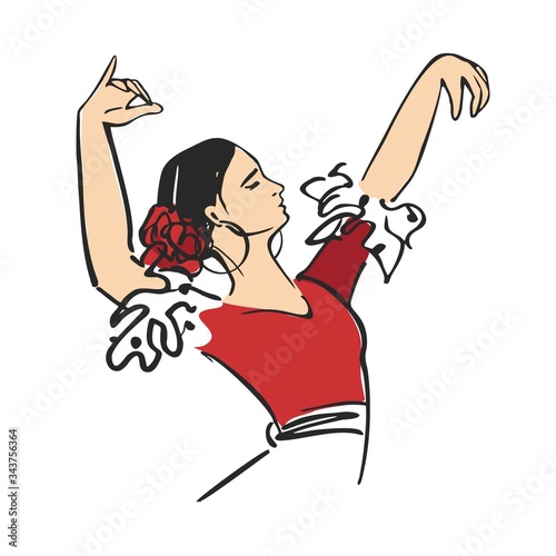 Flamenco dancer with her hands up with a red rose in her hair and a red dress drawn by hand for a poster.  Symbol of traditional spanish culture. Vector illustration.