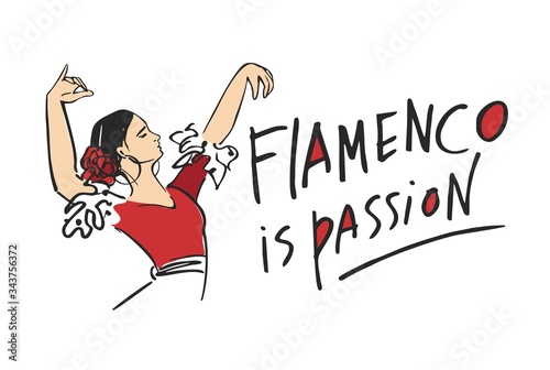 A flamenco dancer with her hands up with a red rose in her hair and a red dress drawn with words flamenco is passion by hand for a poster. Vector illustration