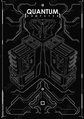 Artificial intelligence and robotic quantum computing processor concept. Creative poster with HUD elements. Quantum computer technology concept.