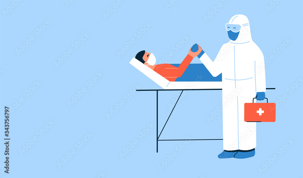 Vector illustration. Caring doctor in white protective suit and patient holding hands. Man lying in hospital bed. Together we are strong. Place for text. Thank you doctors. Coronavirus COVID-19