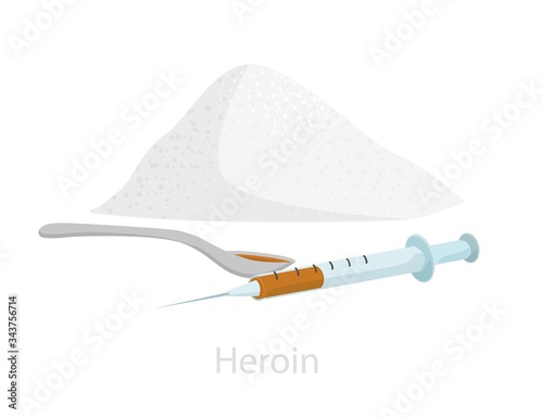 A slide of heroin with a syringe with a ready injection and a dose-filled spoon. Illustration of addiction, addiction, overdose. Vector graphics isolated on white background.