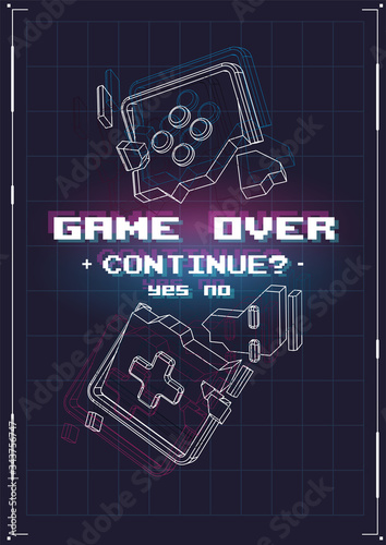 Game Over poster with lowpoly elements. Broken game controller. Creative gaming template.