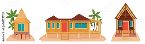 Bungalow houses on tropical islands. Illustration of exotic architecture. Holiday of rest, tourism, summer mood, vacation. Villas in various architectural designs