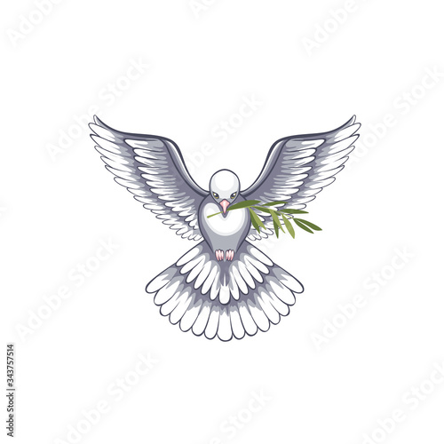 A dove with an olive branch is a symbol of peace. The concept of hope, love, goodwill, peace negotiations, a truce. Illustration of a spiritual holiday and calm nature.