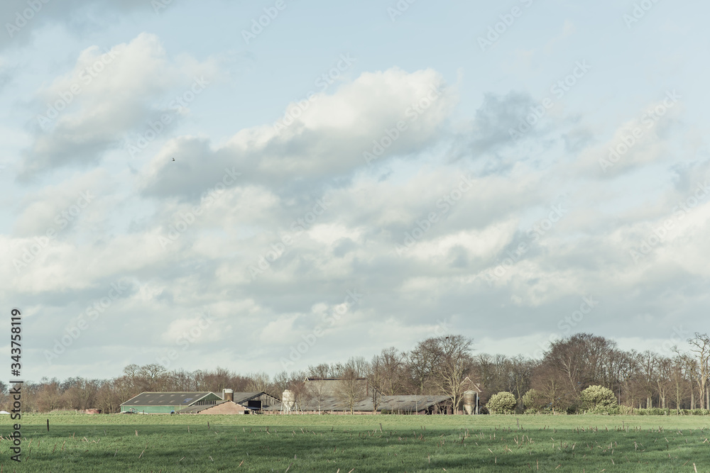 Barns and silos in sunny winter countryside with blue cloudy sky.