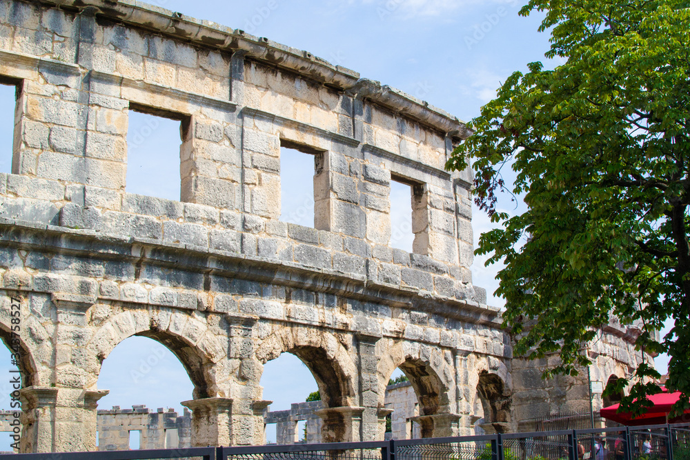 Walls of the Pula Arena, the only remaining Roman amphitheatre entirely preserved, in Pula, Croatia