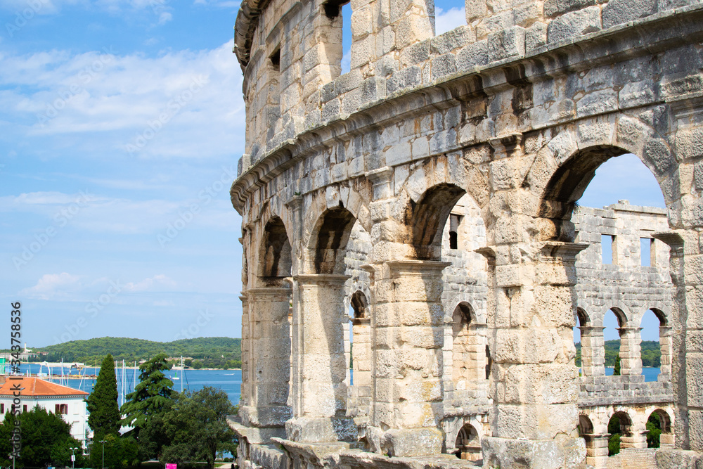Walls of the Pula Arena, the only remaining Roman amphitheatre entirely preserved, in Pula, Croatia