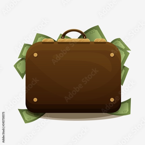 Suitcase overflowing with cash. The concept of financial success, wealth, jackpot. A huge monetary gain, a victory in bank investments, successful savings.