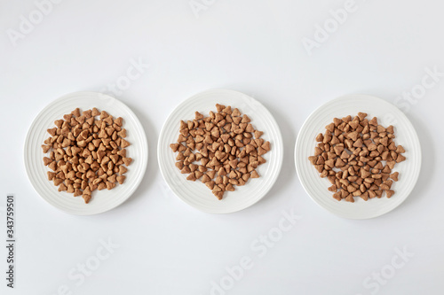 Domestic cat food. Minimalism top view flat lay plate with white dry food. Pet care.