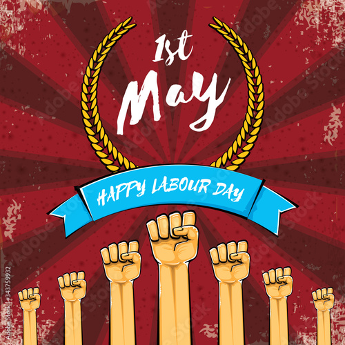 Happy labour day vector label with strong orange hand fist isolated on grunge red background with rays. vector happy labor day background with man hand. red workers may day poster design