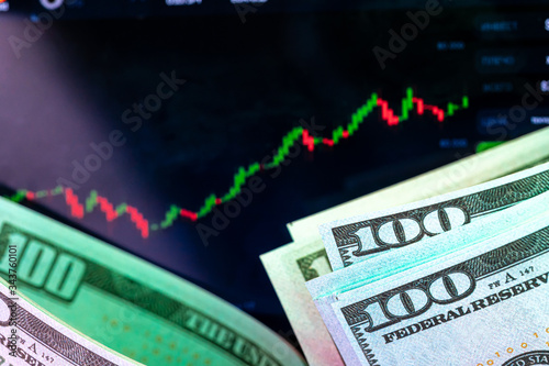 Dollars in front of a monitor with a price chart. Forex and trading. Close up.
