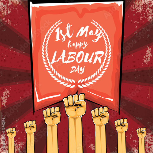 Happy labour day vector label with strong orange hand fist isolated on grunge red background with rays. vector happy labor day background with man hand. red workers may day poster design