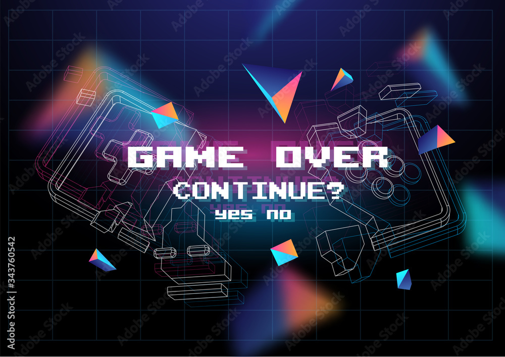 Game Over poster with lowpoly elements. Broken game controller. Creative gaming template. - obrazy, fototapety, plakaty 