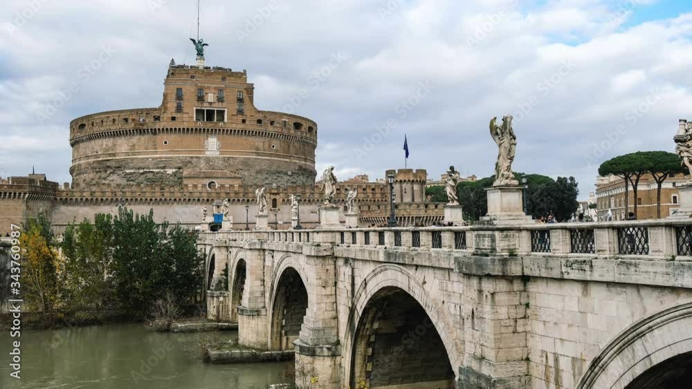 Rome,Santangelo castle bridge view with people tourists walking,timelapse 4k Rome,Santangelo castle bridge view with people tourists walking,timelapse 4k