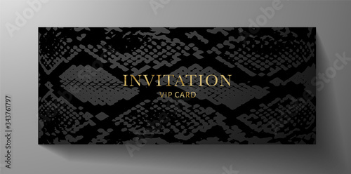 Luxurious VIP Invitation template with animal print (snake skin) on black background. Premium class design for Gift certificate, Voucher, Gift card 